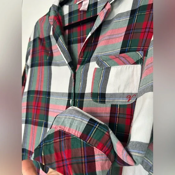 Victoria's Secret Flannel PJ Pajama Set White Red Green Plaid Size Small - Picture 8 of 16